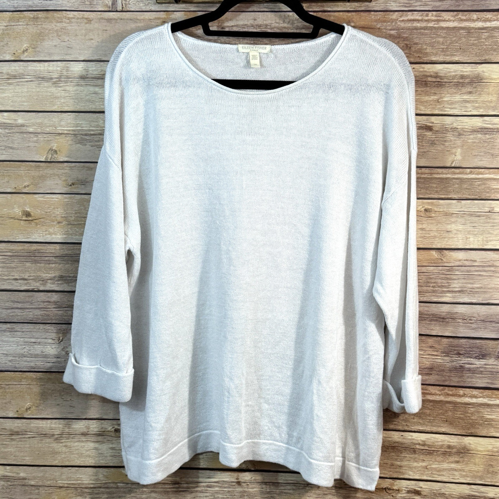 Eileen Fisher White Organic Linen Minimalist Cuff Sleeve Knit Sweater Top 1X